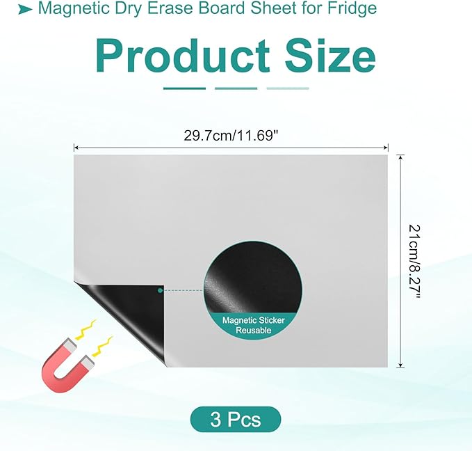 PATIKIL Magnetic Dry Erase Board Sheet for Fridge, 3 Pcs 12 x 8 Inch Erasable Refrigerator Whiteboard for Kitchen for Home Kitchen Organizer Planner Office Storage, Silver (0.6mm)