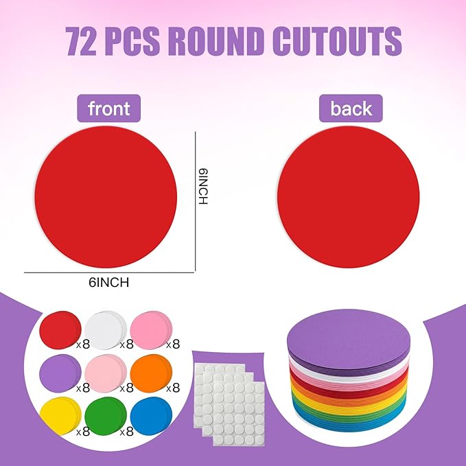 72 Pcs 6 Inches Large Round Paper Cutouts, 9-Color Assorted Round Shape Die Cut for Bulletin Board Decor, Classroom Wall, Circle Template, Teacher School Supplies, DIY Crafts