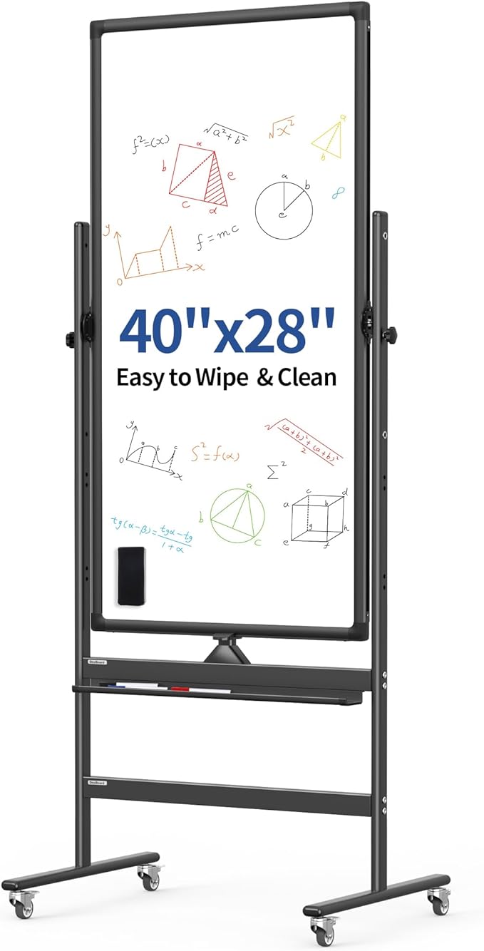40" x 28" Double-Sided Mobile Whiteboard with Wheels | Rolling Magnetic Dry Erase Board on Stand | Adjustable Height Black Frame White Board for Office, Classroom & Home