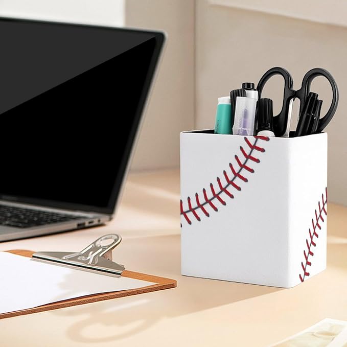 Baseball Ball Square Leather Pen Holder, Minimalist Desk Organizer for Office Home School, Pencil & Stationery Storage Box, Gift for Students Teachers Colleagues