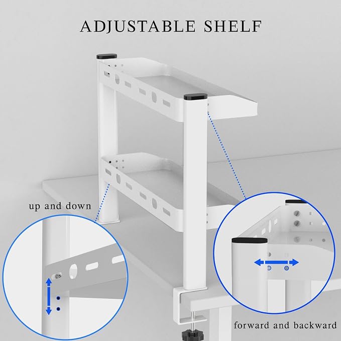 Clamp on Desk Shelf White, 2-Tier Office Desk Shelves Organizer, 17in Small Shelf for Top of Desk with Headphone Holder, Hooks, Desktop Storage Rack for Home Workspace, Study Rooms, Gaming Accessories