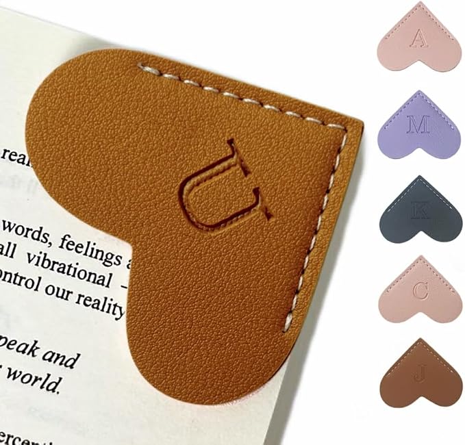 Personalized Leather Book Marks, Heart Bookmark, Unique Cute Handmade Letter Bookmarks Accessories for Reading Women, Teacher, Student, Book Lovers Book Mark Gifts (Brown, U)