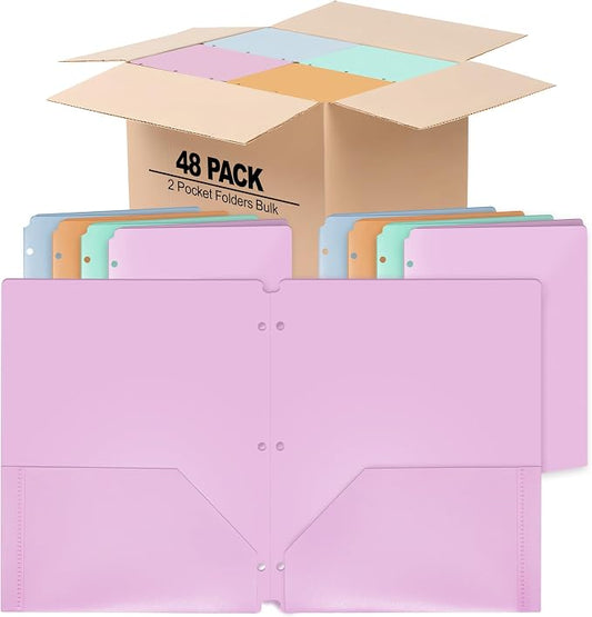 2 Pocket Folders, Heavy Duty Pocket Folders, Durable Poly Two Pocket Folder for 3 Ring Binder - for Letter Sized Papers, Files, Documents - 11.75" x 9.5" Plastic Colored Folders - (Bulk - 48 Pack)