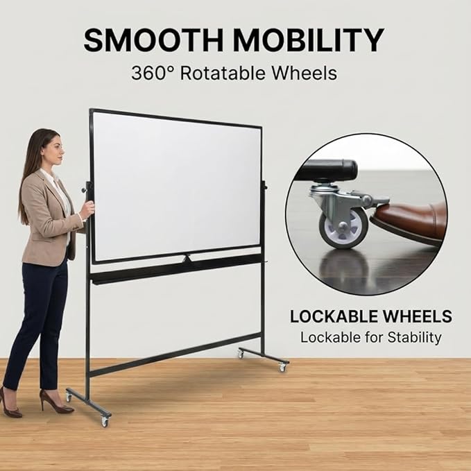 Mobile Whiteboard 48x32 for Office & Homeschool - Double-Sided Magnetic Dry Erase Board on Wheels - 360° Reversible Standing Easel for Agile Presentations & Classroom Teaching