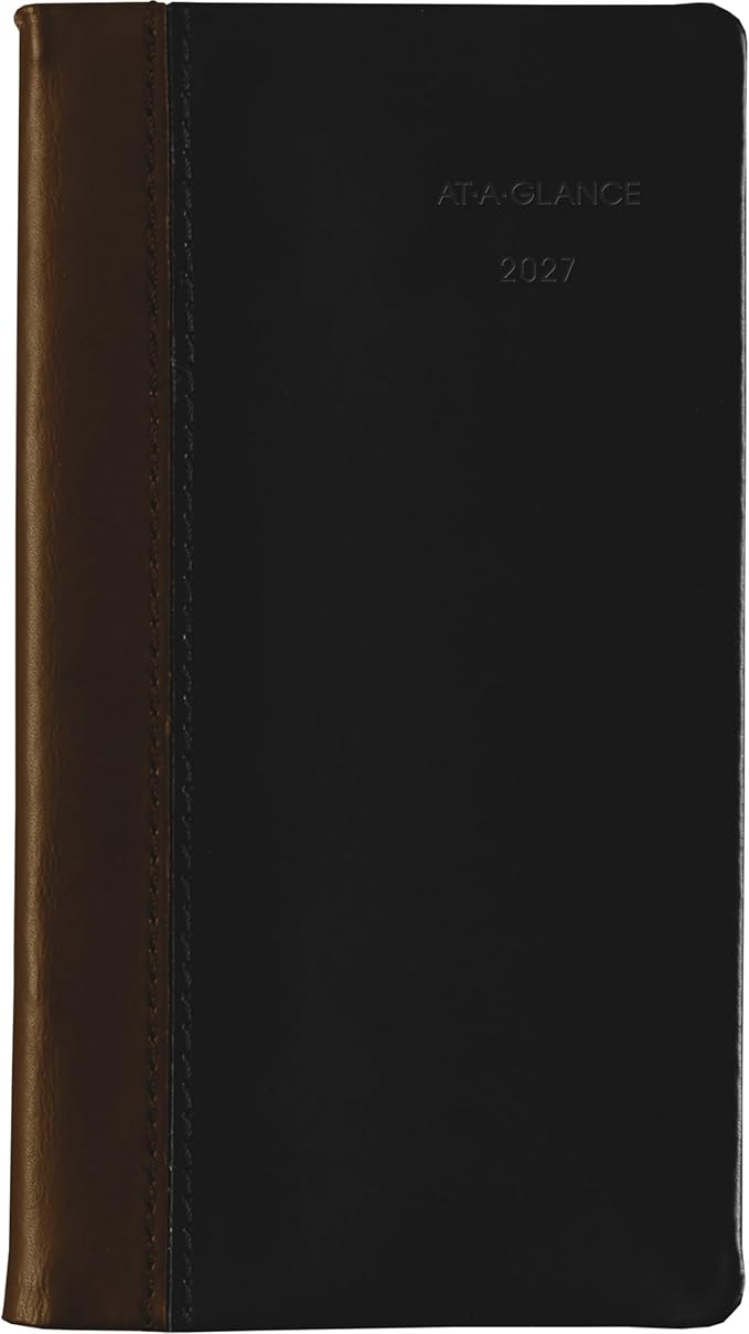 AT-A-GLANCE 2027 Planner, Weekly & Monthly, 3" x 6", Pocket Size Fine Diary, Faux Leather Hardcover, Black Brown (74020527)