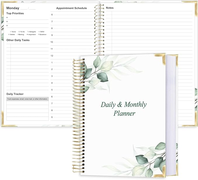 Undated Daily Monthly Planner for 2026 or Anytime - A4 To Do List with Hourly Schedule, Hardcover Spiral Bound Daily Planner to Increase Focus, Stylish School/Office Supplies, 8.5" x 11", Green Leaf