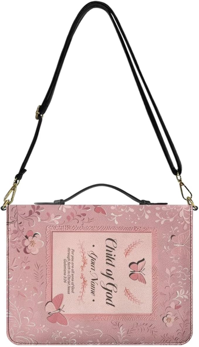 Personalized Bible Purse with Name, Pink Bible Carrying Case with Strap and Handle, 3D Aesthetic Floral Print Book Carrier with Inner Pockets and Pen Loop, Biblia Accessories Women, Medium