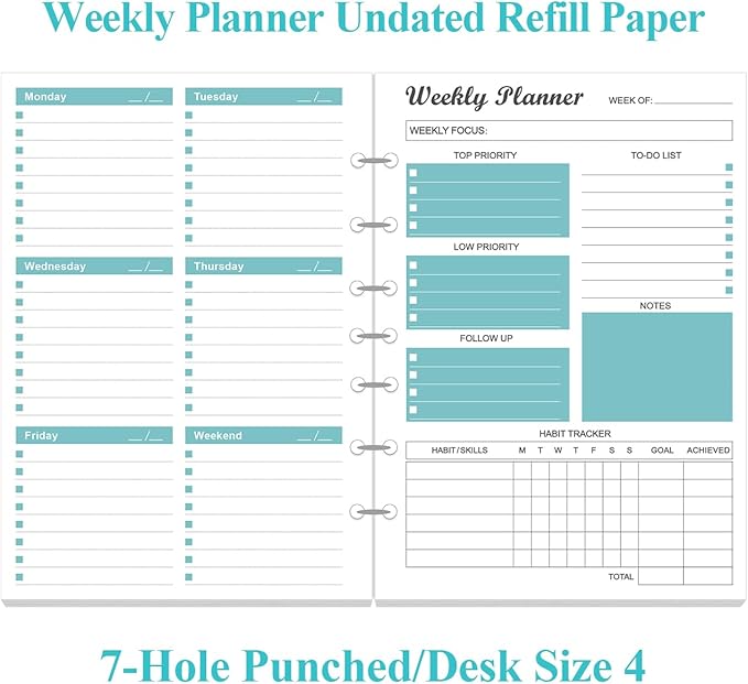 7-Hole Weekly Planner Refills for Mini Binders - 53 Sheets/106 Pages Weekly Planner Paper, 100 gsm White Paper, Lasts 1 Year, Undated, 5.8" x 8.3", Teal
