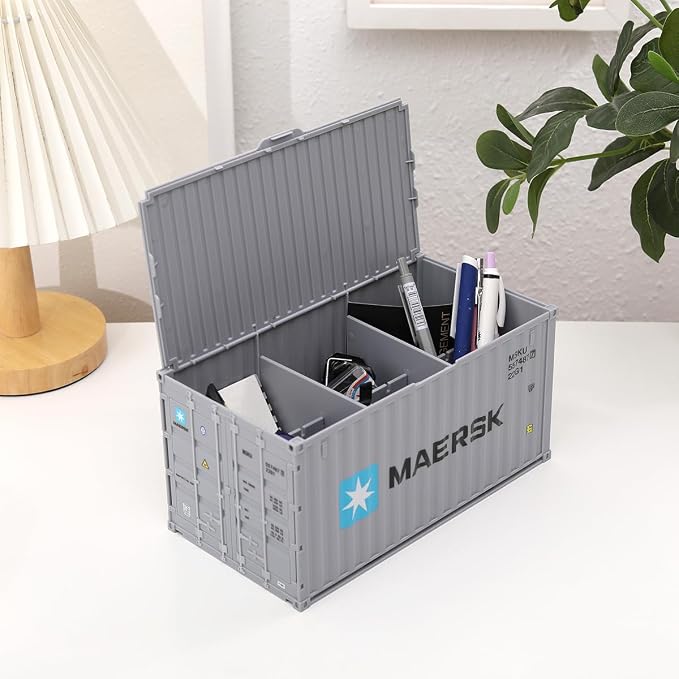 Desk Organizer Office Supplies Multi-function Shipping Container Storage Box Pen/Pencil,Business Name Cards Remote Control Holder Gray, Pen and Pencil Shipping Container Style Holders (Slate Gray)