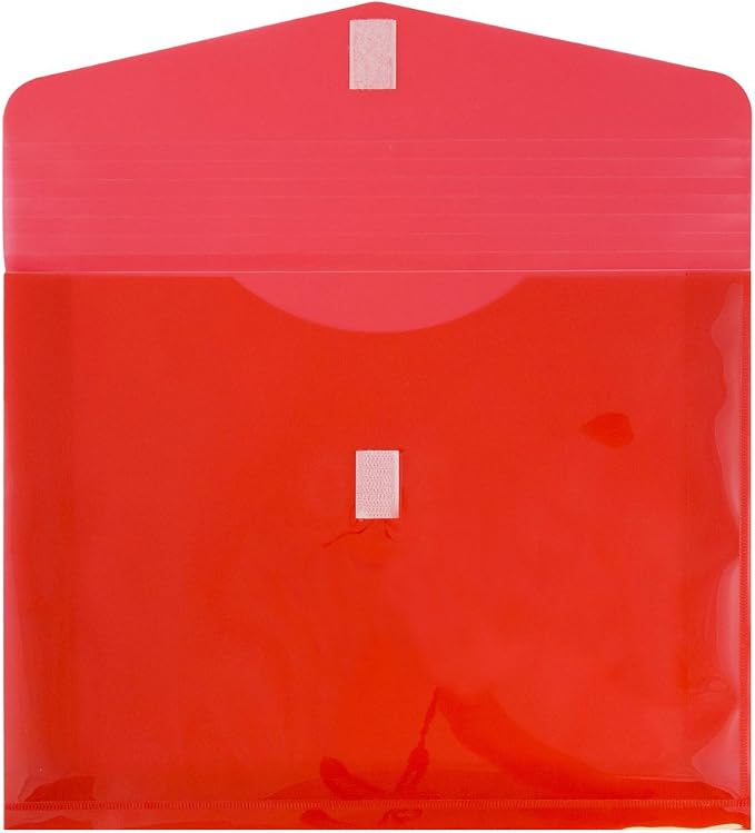 JAM PAPER Plastic Expansion Envelopes with Hook & Loop Closure - Letter Booklet - 9 3/4 x 13 with 2 Inch Expansion - Red - 12/Pack