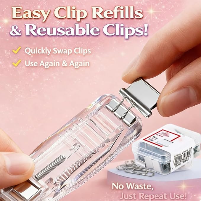 Portable Binder Clip Stapler with 100PCS Reusable Push Clips, Handheld Paper Clam Dispenser, Non-Destructive Desktop Stapler Alternative for Office School Home, Document Binding (Pink-2pcs)