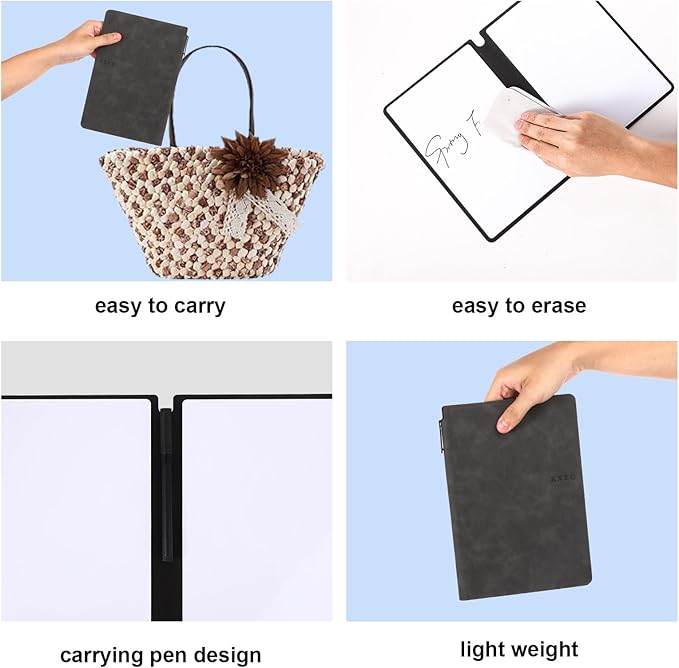 Portable A5 Dry Erase Notebook, 9.4x6.5 Inch Reusable Dry Erase Notebook Erasable Notebook Whiteboard Notebook for Business Home Office (Deep Grey)