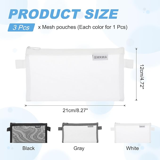 PATIKIL 3Pack Mesh Zipper Pouch Bags, 8.3" x 4.7" Nylon Mesh Pouch Waterproof Cosmetic Bags Pencil Holders Documents Pocket for Travel Accessories Office Supplies, Black/Gray/White