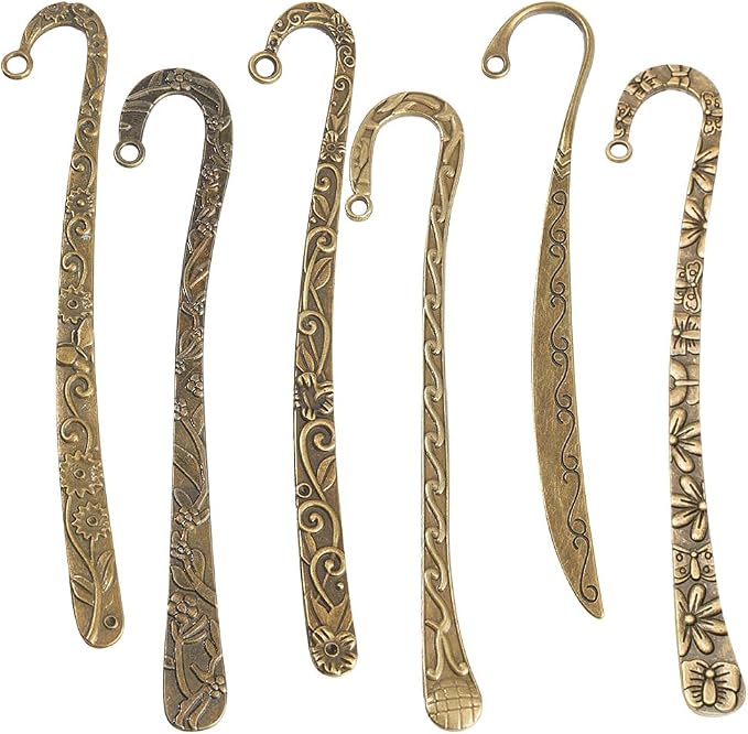 SUNNYCLUE 12Pcs Hook Bookmarks Bulk Tibetan Style Antique Bronze Bookmark Hooks Blanks Flower Carved Hairpin Stripe Metal Book Marks Double Sided Vintage Bookmarks with Loop for Beading Crafting
