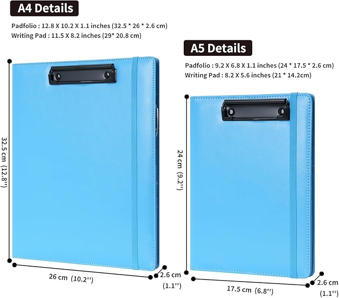 Wonderpool A5 PU Leather Clipboard Partfolio Notepad Forms Holders Document Case - Interview Planner Meeting Writing Padfolio File for Office Travel School Hotel (Sky Blue, A5)