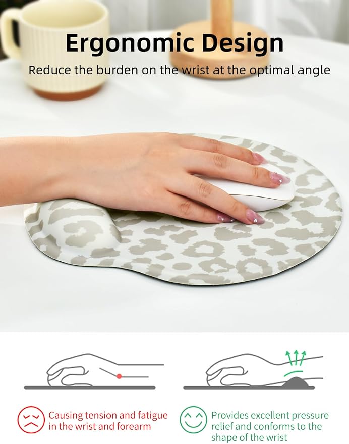 Leopard Mouse Pad Wrist Support Wrist Rest, Ergonomic Mouse Pad with Non-Slip Base for Office Gaming Working Computers,Desk Accessories Pain Relief Mouse Mat for Home&Game Decor, Beige