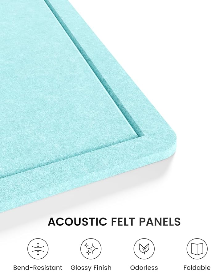 Fluxynara Bulletin Board, 23.6" x 17.5" Cork Board Alternative with 12 Safe Removable Adhesive Tabs, Foldable Felt Pin Board for Home Office, Classroom, Bedroom,Entryway for Walls—Aqua Blue