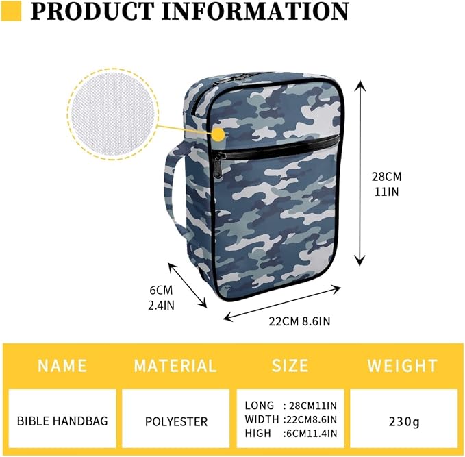 Coldinair Blue Camo Print Bible Cover for Men Women Teens,Carrying Book Case Church Bag Bible Protector with Handle and Zippered Pocket