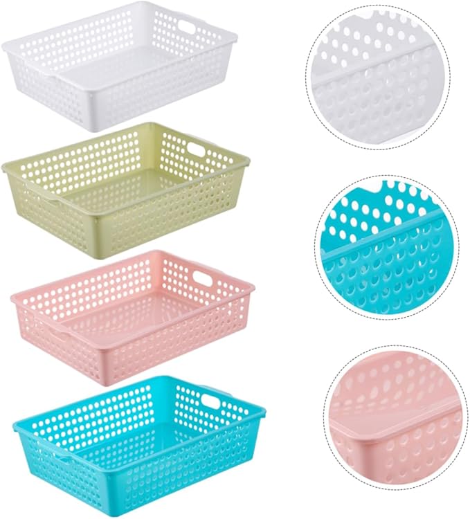 ARTIBETTER 4Pcs File Organizer Baskets Versatile Plastic Storage Bins for Home Office Creative Sundries Storage Trays Hollow Handles Large Desktop Organizing Baskets