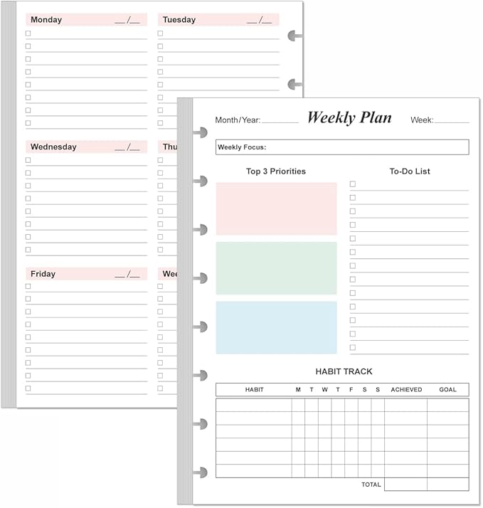 Weekly Planner Undated Refills - Junior Size 53 Sheets/106 Pages Colorful Weekly Planner for 8-Disc Discbound, 100 gsm White Paper, Lasts 1 Year, Undated, 5.8" x 8.3"