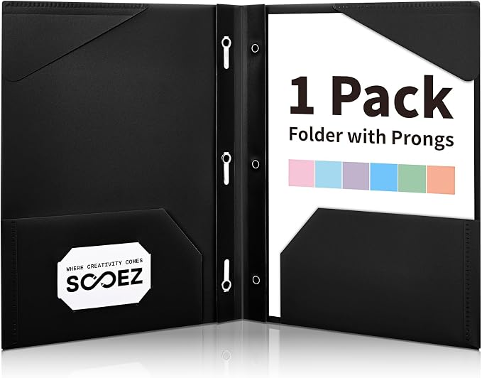 Sooez Plastic Folders with Pockets, 2-Pocket Folders with Prongs Fit Letter Size Paper, 1 Pack Heavy Duty 3 Prong File Folders for Documents, Colored File Folder Back to School Supplies for Kids