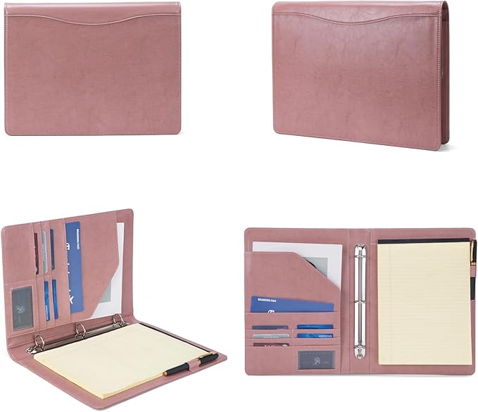 Personalized Vegan Leather 3 Ring Binder, Custom 8.5 x 11 Letter Size Folio with Pen Holder, Soft Notebook Portfolio Cover, Notepad Padfolio Organizer for Meeting, Pink