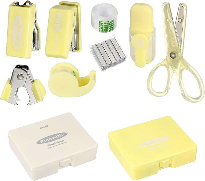 PATIKIL 2 Pack Office Supplies Set, 8pcs Desk Supplies Set Stapler Tape Dispenser Scissors Accessories Kit Mini Office Supply Kit Cute Small for Desk Women Organizer, White Yellow