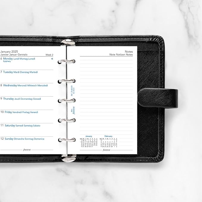Filofax Calendar Diary Refill, Mini Size, Week on One Page with Notes, White Paper, Unruled, Multilingual: Four Languages, 2026 (C68109-26)