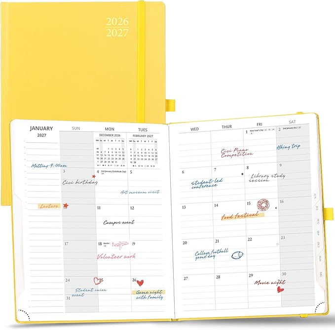 POPRUN Monthly Planner 2026-2027, Large Size-8.5" x 10.5", 18 Month Calendar Book (Jul 2026 - Dec 2027), Academic Calendar Planner with Tabs, Inner Pocket, Hard Cover, 100GSM Paper - Light Yellow