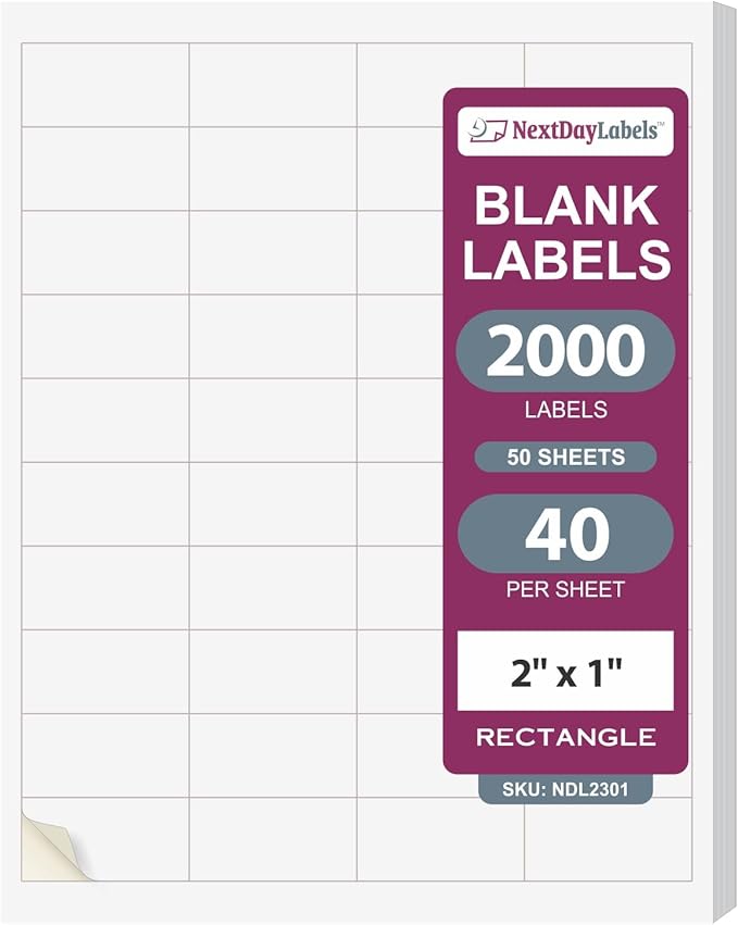 NextDayLabels 2x1 Inch Rectangle Stickers White Blank Labels for Laser Inkjet Printer - 40 Per Sheet Self-Adhesive Address Mailing Name Tags Made in USA - 2000 Labels