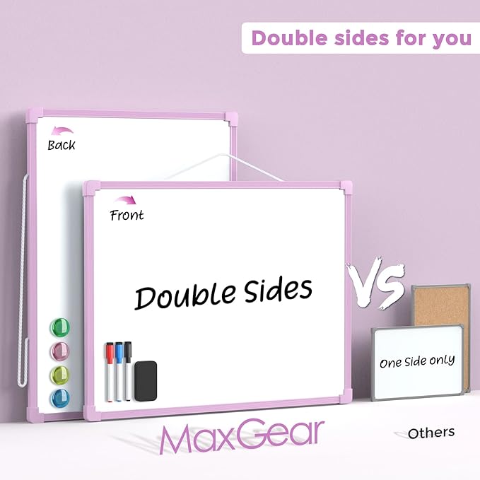 MaxGear Double-Sided Dry Erase Board for Wall, 16"x12" Hanging Whiteboard, Small Dry Erase White Board kit, Portable Whiteboard for Planning, Drawing, Memo, to Do List, Purple Frame