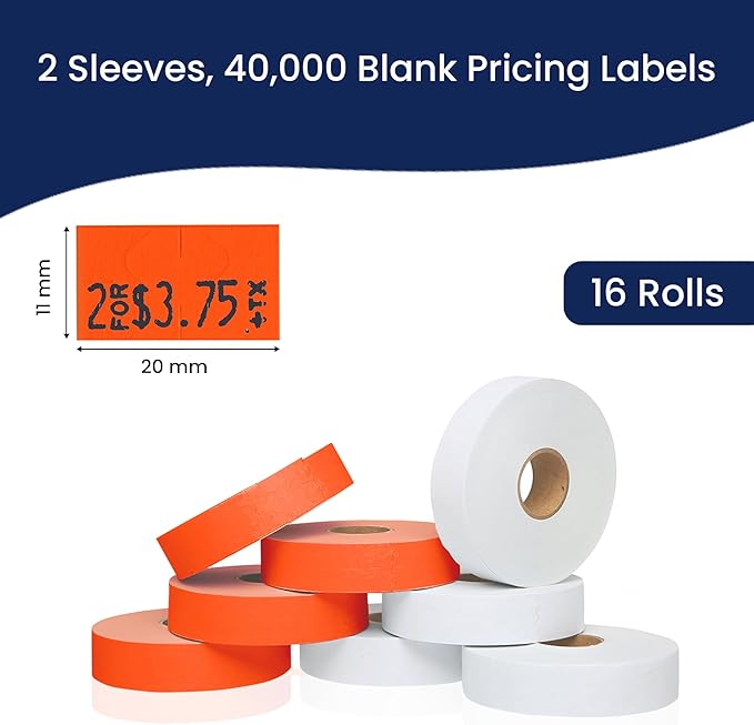 Perco White & Red Pricing Labels for Monarch 1131 Price Gun - One White and One Red Sleeve - 2 Sleeves, 16 Rolls Combo Pack - 40,000 Price Marking Labels - with Label Scraper & Ink Rolls Included