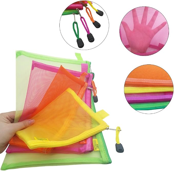 8 Pcs Zipper Mesh File Bags Folder Document Pockets with Bill B5 A5 A6 Size, AFUNTA 4 Color 4 Size Nylon Pencil Case Cosmetic Storage Office Pouch Holder- Orange, Yellow, Green, Rose Red