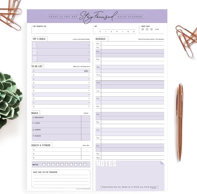 Daily Notepad Planner Schedule To Do List - Stay Focused 50 Tear Off Premium USA (Purple Taro)