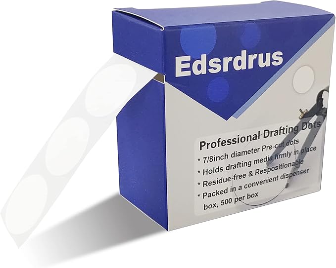 EDSRDRUS Professional Blank Drafting Dots 7/8” Diameter, Low Tack, Easy Removal, Pre-Cut Drafting Tape Dots for Tracing, Drawing, Positioning, Roll of 500 Dots Per Box (1 Pack)