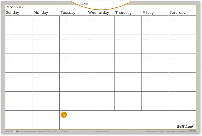 AT-A-GLANCE AW402028 WallMates Self-Adhesive Dry Erase Monthly Planning Surface, 18 x 12