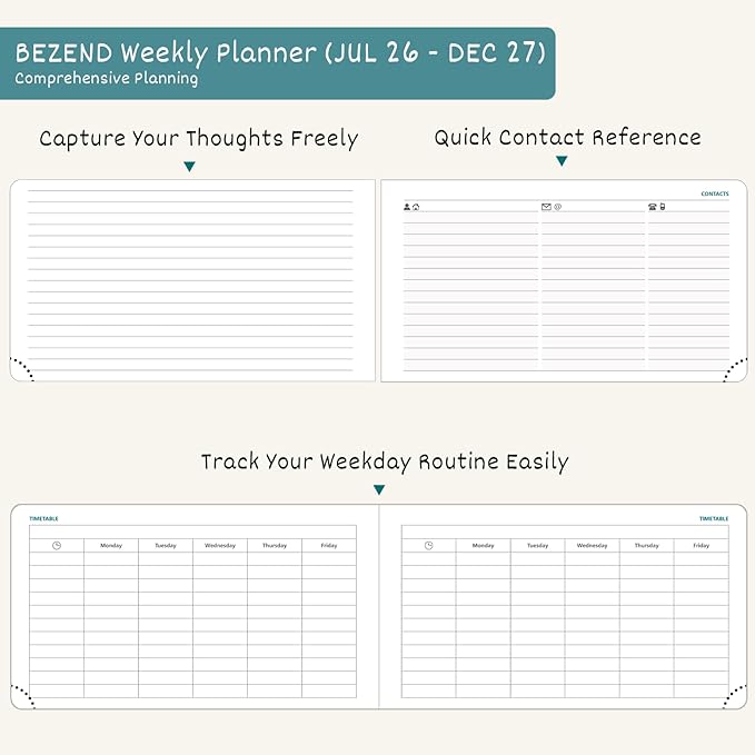 BEZEND Pocket Weekly Planner 2026 2027 Equal Weekend with Hourly Timeslot (6.5" x 3.75") 18 Months Small Academic Calendar (Jul 26-Dec 27) for Students, Work & Home, PU Leather Hardcover -Beige