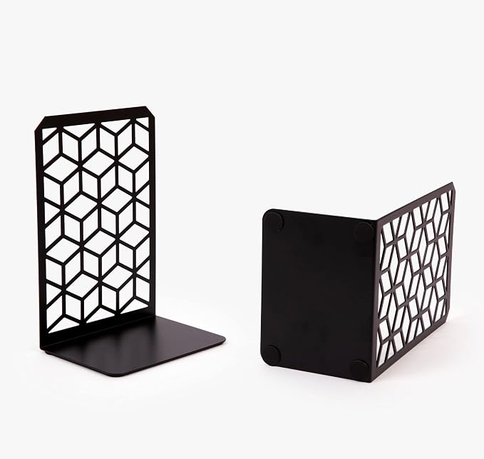 Geomod 3D Cube Black Metal Bookends Decorative for Heavy Books - Sturdy Boho Book Stops - Minimal Book Shelf Stopper - Durable Office Bookends - Weighted Metal Book Holders - 7x4.75 Inches - 1 Pair