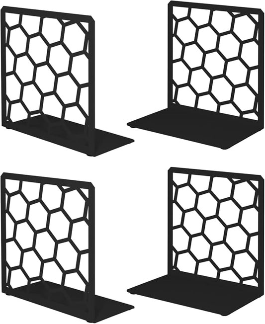 Black Geometric Honeycomb Metal Bookends - Book Ends for Shelves - Decorative Modern Heavy Duty Bookend Stopper - Book Ends for Heavy Books - Home Office Book Holder - 2 Pair, 6x3.25x6.25 in