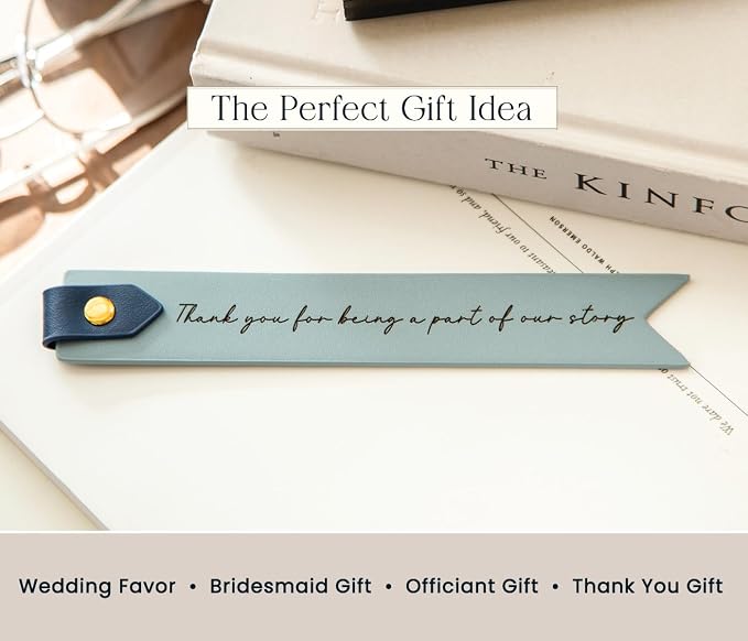 Engraved Leather Bookmark in Blue - Thank You for Being a Part of Our Story, Inspirational Appreciation Gift for Friends Bridesmaid Groomsman Wedding Favor, Guest Keepsakes