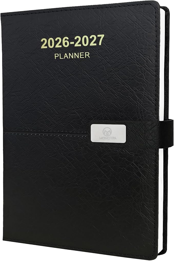 2026-2027 Daily Planner - One Page per Day, 2026-2027 Hourly Daily Calendar(July 2026 - June 2027), 5.7" x 8.26" Appointment Book, Leather Cover + Thick Paper (26-27 Black)