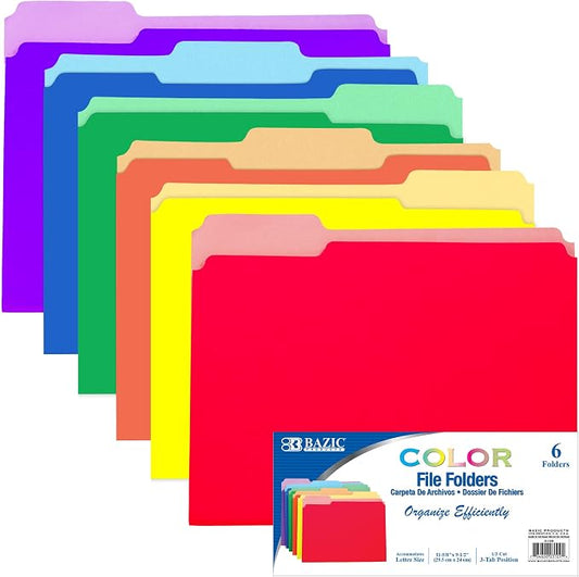 BAZIC Products 1/3 Cut Letter Size Color File Folder, 6 Count, for Filing Office Home, 1/3-Cut Tab, Case of 48