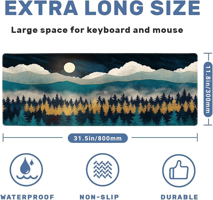 Golden Forest Desk Mat Gaming Mouse Pad Teal Mountain Moonlight Mist Mousepad Computer Keyboard Pad Mouse Mat Laptop Mat 31.5 x 11.8 Mouse Pads for Desk Home Office Gaming