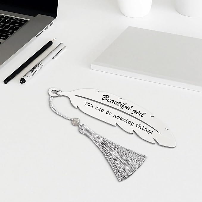 Beautiful Girl You Can Do Amazing Things, Motivational Bookmark Gifts for Grils Daughter, Amazing Gifts for Teen Girls, Reading Gifts, Positive Gift for Sister, Metal Feather Bookmark VBK214, Silver