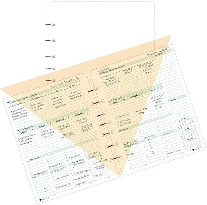 Planner Pad 7 Hole Loose Leaf 3-Tier Funnel Down 12 Month Organizer, October 2025 – September 2026, Soft Green Ink, 6 3/4" x 8 1/2"