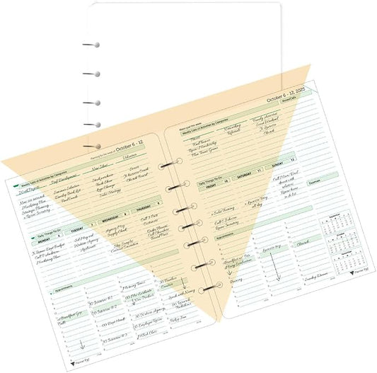 Planner Pad 7 Hole Loose Leaf 3-Tier Funnel Down 12 Month Organizer, October 2025 – September 2026, Soft Green Ink, 6 3/4" x 8 1/2"