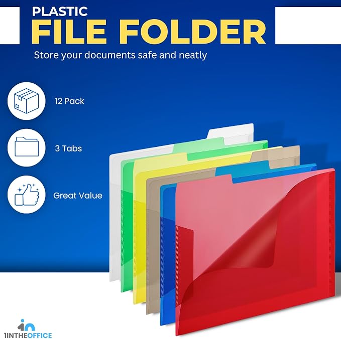 1InTheOffice Plastic File Folders, Poly File Folders, Translucent Poly File Folders, 1/3-cut, Top Tabs, Letter Size, Assorted, 12/Pack