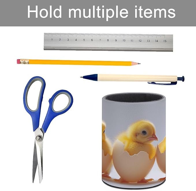 Lots of Chicks in Eggshells Pencil Holder Round Pen Cup Funny Animal PU Leather Marker Holder Makeup Brush Holders Desk Accessories Workspace Organizers for Home School Office