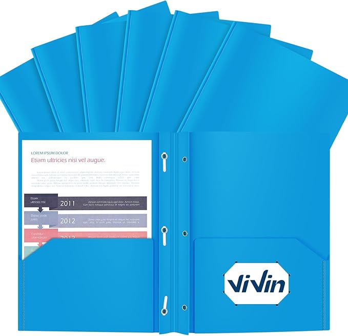 ViVin 12 Pack Plastic Folders with Pockets and Prongs, Heavy Duty 2 Pocket Folders with 3-Prong Fasteners, Poly File Holds 8-1/2" x 11" Paper for School Office Home (Sky Blue)