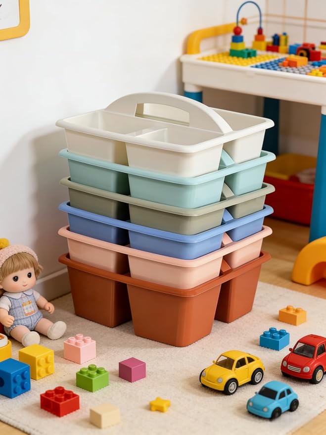 RAUVOLFIA Set of 6 Classroom Caddy, Small Plastic Storage Caddy with Handle for Classrooms, Kids Room and Office Organization, 3 Compartment (Boho)